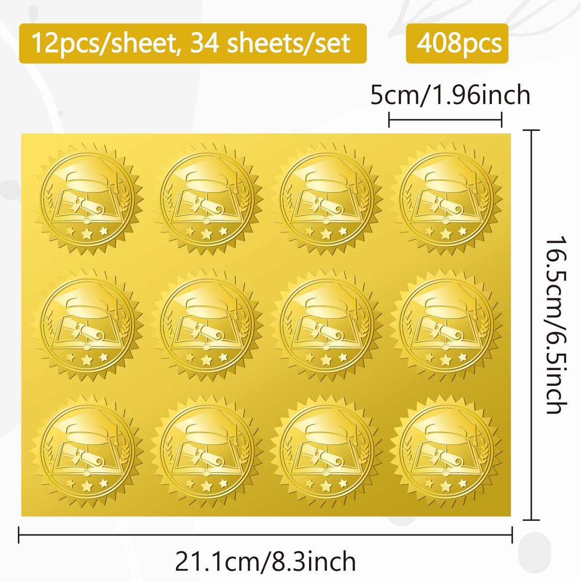 CRASPIRE 408Pcs Graduation Cap Books Certificates Official Gold Foil Embossed Stickers 2" Self Adhesive Envelopes Seals Round Labels for Award Wedding Invitation Corporate Diplomas Gift Wrapping Decor