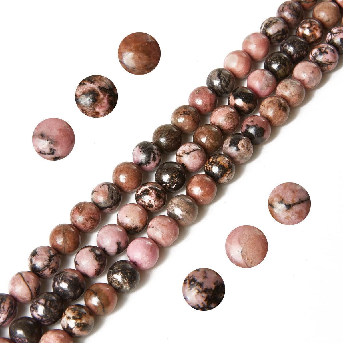35pcs 10mm Pink Black Rhodochrosite Beads Natural Gemstone Beads Round Loose Beads for Jewelry Making