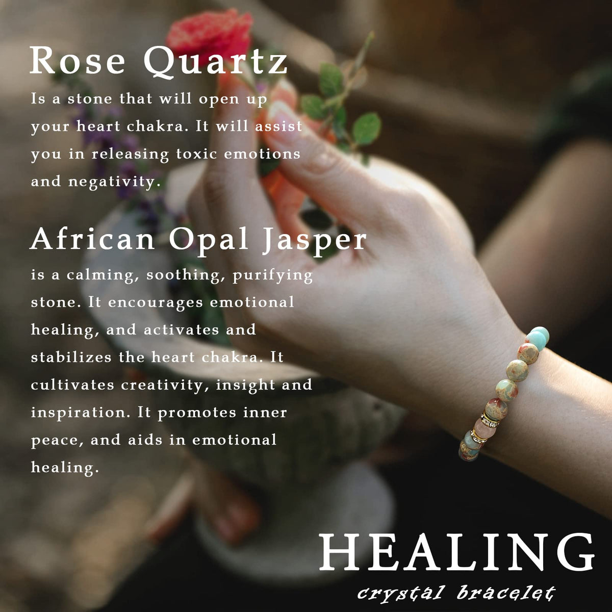 GolbalJew Healing Bracelet For Women Anxiety Beaded Bracelets Jewelry Healing Stone Crystal Bracelet Stress Relief Yoga Beads Chakra Bracelets Gifts For Women Rosa Quartz African Opal