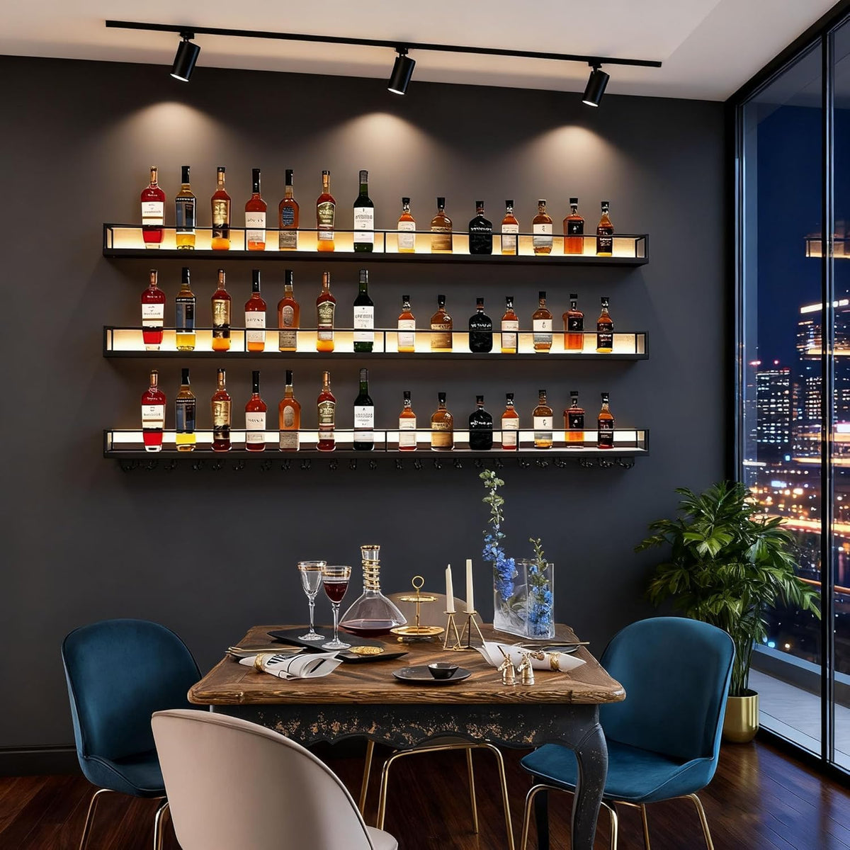 VITNSVILE Metal Wall Mounted Wine Rack with LED Light, 3 Tiers Liquor Bottles Floating Shelves with Glass Holder, Wine Shelf Industrial Bar Shelves for Home Bar Dining (Black, 180cm/71in)