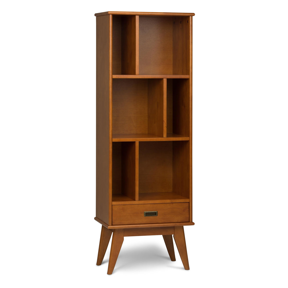 SIMPLIHOME Draper 22 inch Mid-Century Modern 6 Cubbie Bookcase with Drawer (Set of 2) in Teak Brown for the Living Room, Study Room and Office