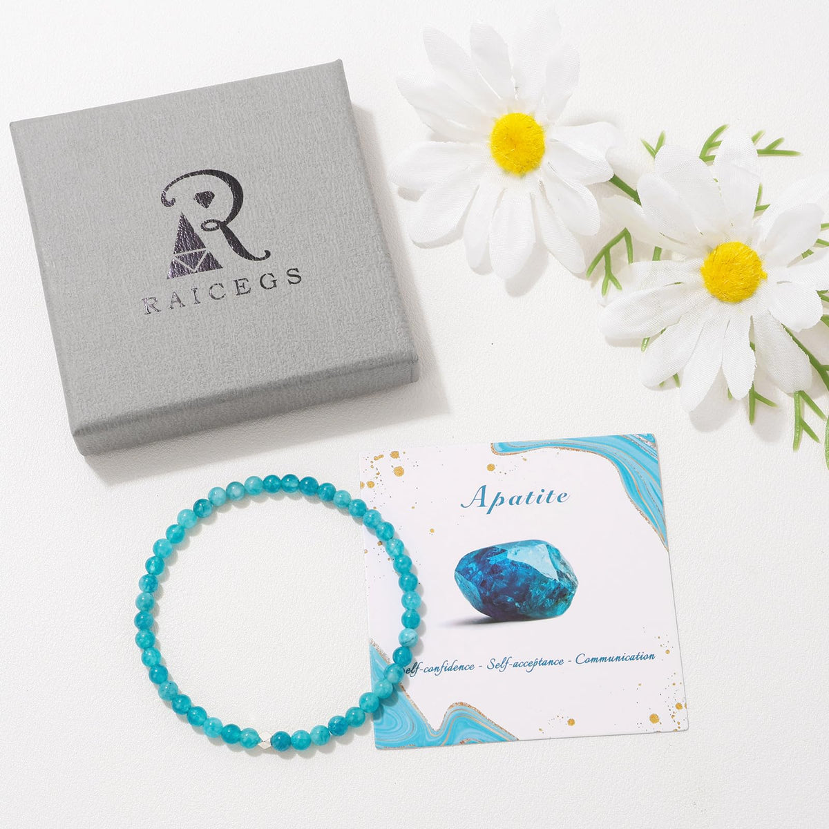 Raicegs 4MM Apatite Beaded Bracelets Healing Crystal Bracelet for Women Men Natural Stone Handmade Stretch Bracelet Reiki Spiritual Jewelry