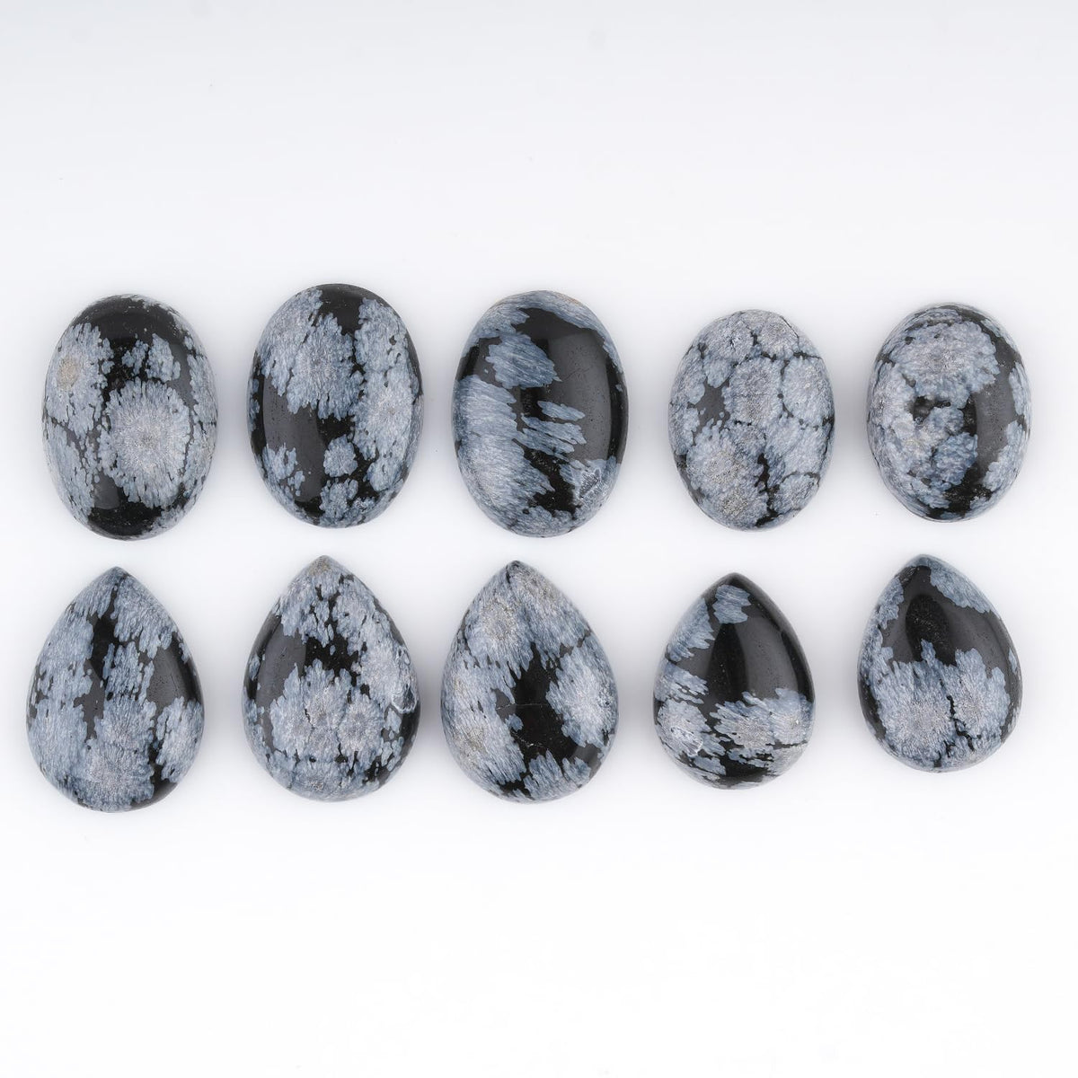GemSymphony 100 Carat Natural Snowflake Obsidian Gemstone Cabochon Lot Mixed Shapes – 12 pcs Hand Polished Crystal Stones for Jewelry Making, Healing, Reiki, Craft Supplies, Unique Cab Set for Wire Wrapping & Collectors (10-20 mm)