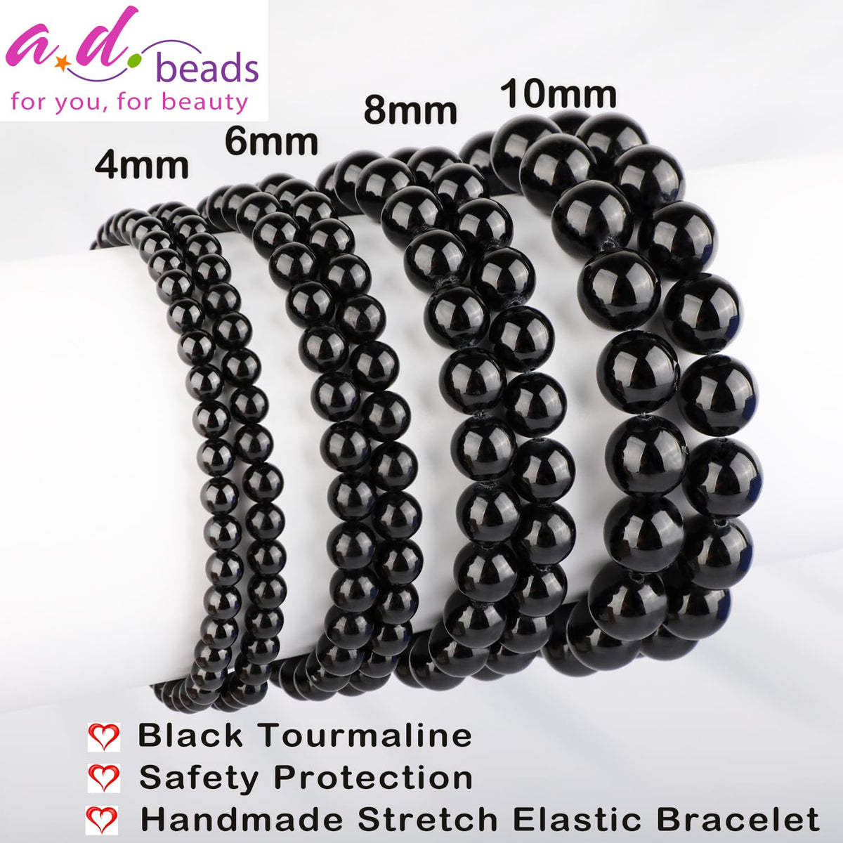 AD Beads 8mm Handmade Black Tourmaline Elastic Bracelet – Natural Gemstone for Safety Protection – Meditation, Yoga, Healing and Energy Gift for Men Women