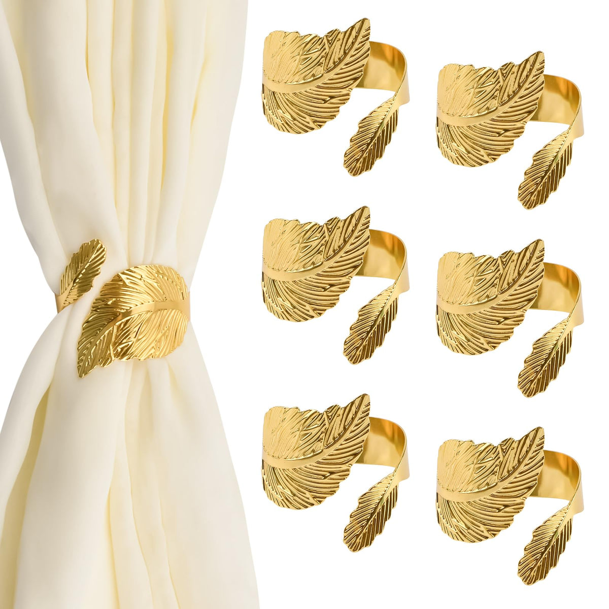 UFURMATE Curtain Tie Backs, 6Pcs Metal Decorative Golden Leaf Curtain Tiebacks Creative Curtain Rope Buckles Spring Drape Holder Clips for Home Office (Gold)