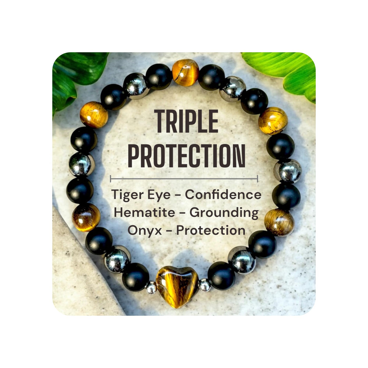 TUBIANCA Triple Protection Bracelet – Tiger Eye, Hematite & Black Onyx Crystal for Energy Shield, Confidence, Grounding & Spiritual Balance – Handmade Unisex Healing Jewelry