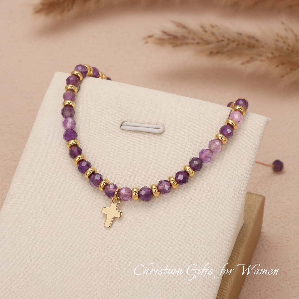 Raicegs Braided Amethyst Cross Crystal Bracelet Natural Stone Beaded Bracelet for Women Faith Jewelry Healing Bracelet Christian Gifts for Women Religious Gifts
