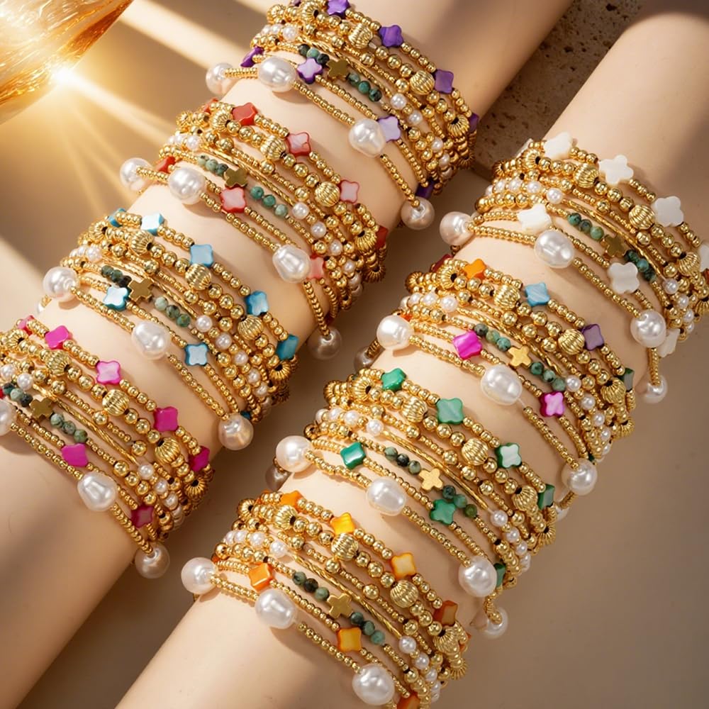 SHINUS BOHO 14K Gold Beaded Colorful Clover Bracelets Stack for Women,7PCS Bohemian Cross Pearl Beads Stackable Stretch Bracelet Set Fashion Birthday Prom Jewelry Accessories Gift Friendship Sister