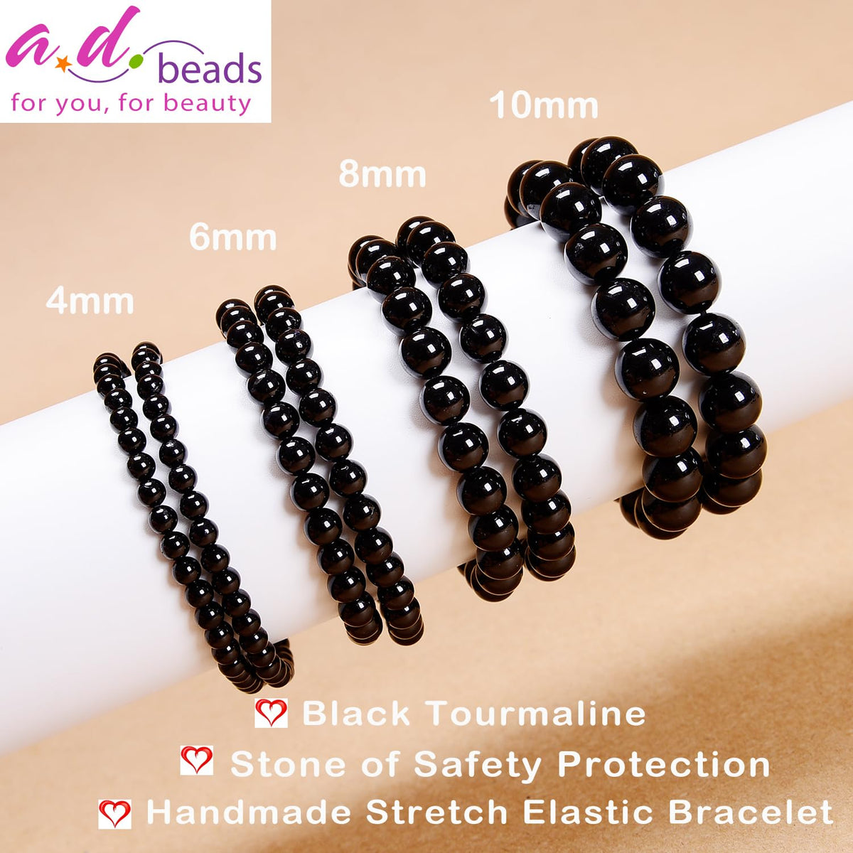AD Beads Handmade Gemstone Stretch Elastic Bracelet Crystal Healing Reiki Nature's Beauty and Spiritual Essence Unisex (10mm, Black Tourmaline (Best Protection))
