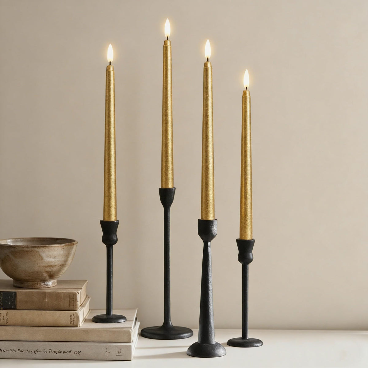 Ni-JASW Gold Flameless Taper Candles with Remote, Flickering Battery Powered LED Candlesticks Set of 4