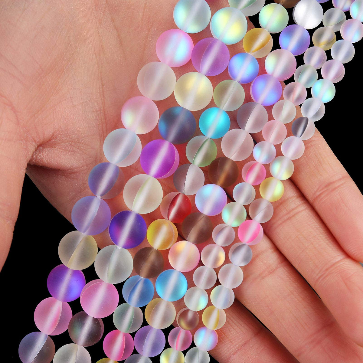 Matte Mixed Color Aurora Crystal Glass Beads, 8MM Frosted Glitter Shining Mermaid Round Loose Beads, Rainbow Holographic Synthetic Moonstone for Jewelry Making DIY Bracelet