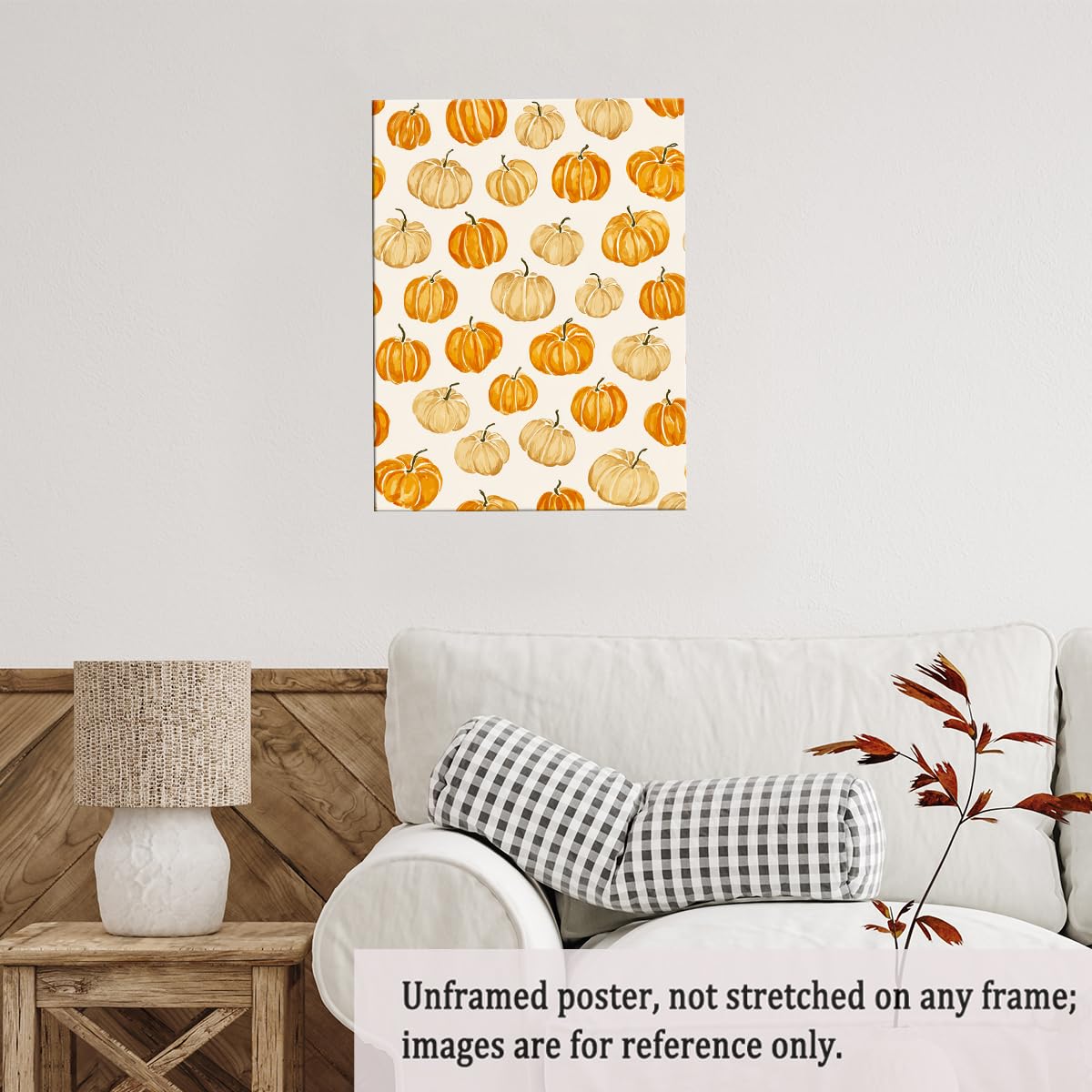 Pumpkin Pattern Wall Art – Modern Fall Illustration Print with Beige and Orange Gourds, Seasonal Autumn Canvas for Farmhouse Dining Room or Entryway 12x16in Unframed