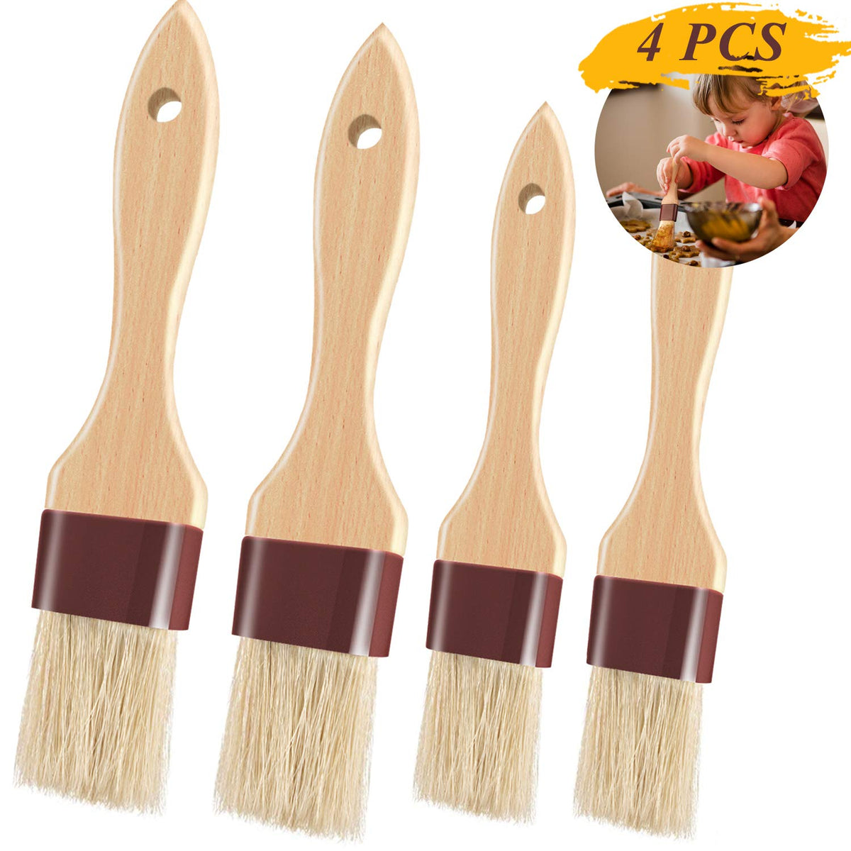 Pastry Brushes for Baking Basting Brush with Boar Bristles and Beech Hardwood Handles Culinary Oil Brush for Barbecue Butter Grill BBQ Sauce Baster Marinade Kitchen Food Cooking Brushes (1/1.5-4PCS)