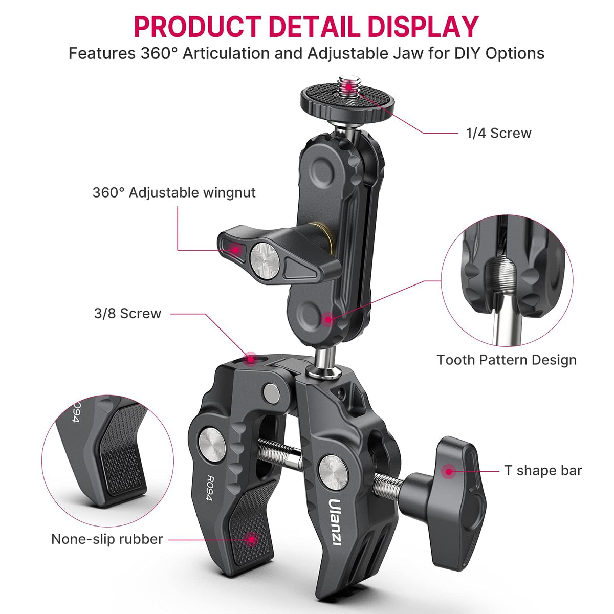 ULANZI Super Clamp Camera Clamp Mount Monitor 360° Ballhead Magic Arm Double Ball Head Adapter with 1/4"-20 & 3/8"-16 Thread for Canon Nikon DSLR Camera/Gopro/LED Lights/Ronin-M/Ronin MX/Freefly MOVI