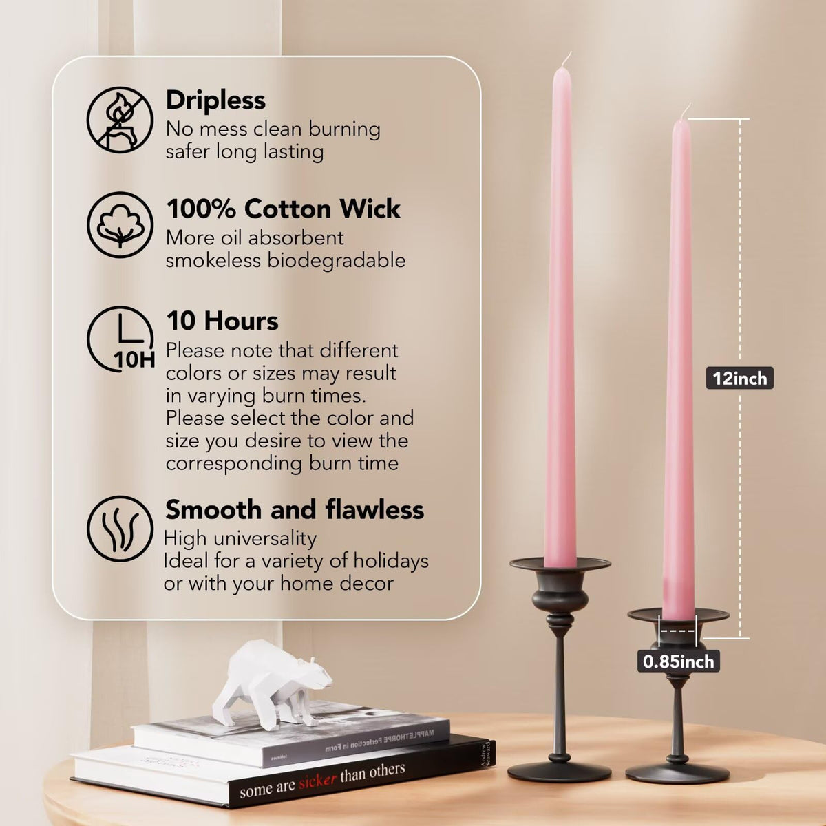 Pickood 12-Inch Tall Dripless Taper Candles Set of 4 - Pink Tapered Candles, Perfect for Spring - Smokeless, Unscented, Long Burning - Hand Poured, Colored Tall Candlesticks - Light Pink