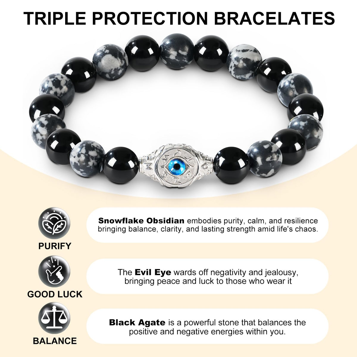 Men's Evil Eye Bracelet, 10mm Beaded Bracelet with Natural Gemstones, Adjustable Elastic Design, Gift for Anniversary, Christmas and Thanksgiving, Silver Obsidian/Tiger Eye/Hematite/Snowflake Obsidian/Black Agate