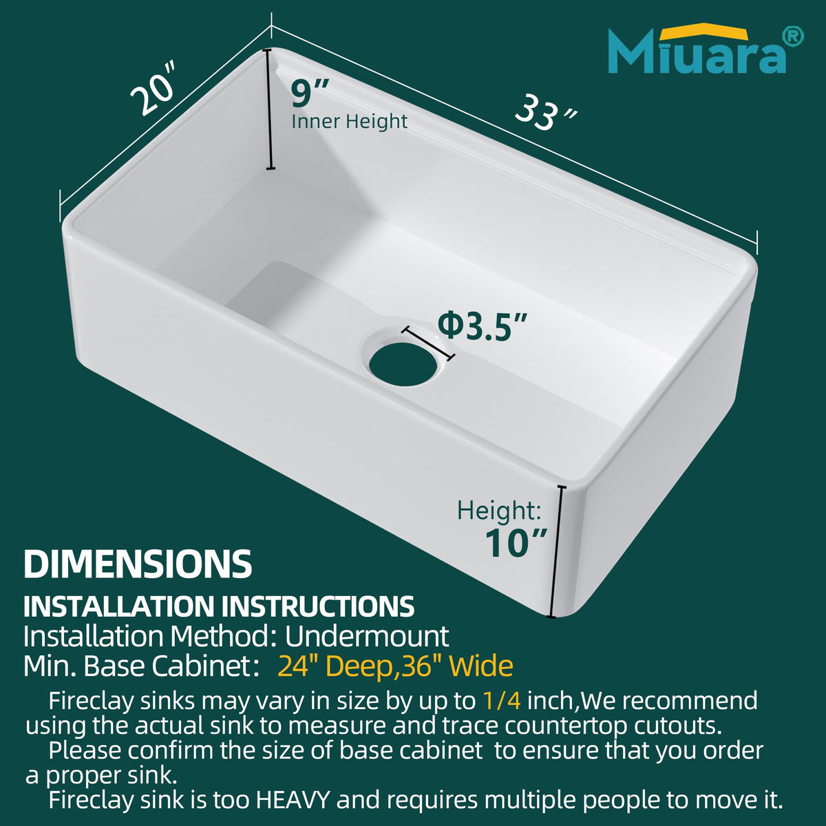 Miuara White Farmhouse Workstation Sink 33 Inch - Heavy Duty Fireclay Apron Front Kitchen Sink Undermount 33"x20"x10", Farm House Style Deep Single Bowl for Kitchen