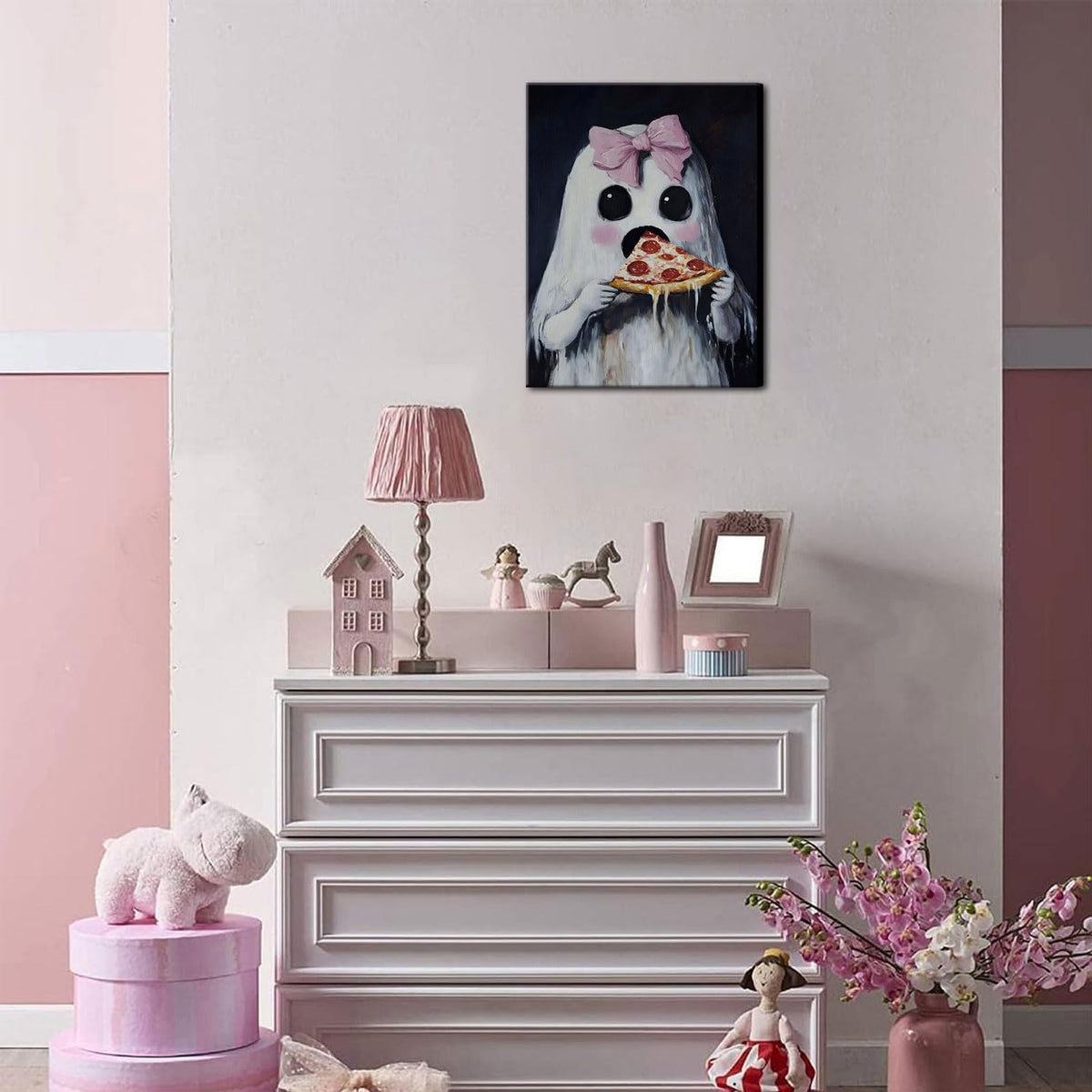 Ghost Wall Art Cute Ghost with Pink Bow Eating Pizza Prints Gothic Spooky Halloween Posters Girly Bedroom Dorm Wall Decor Pictures 12x16in