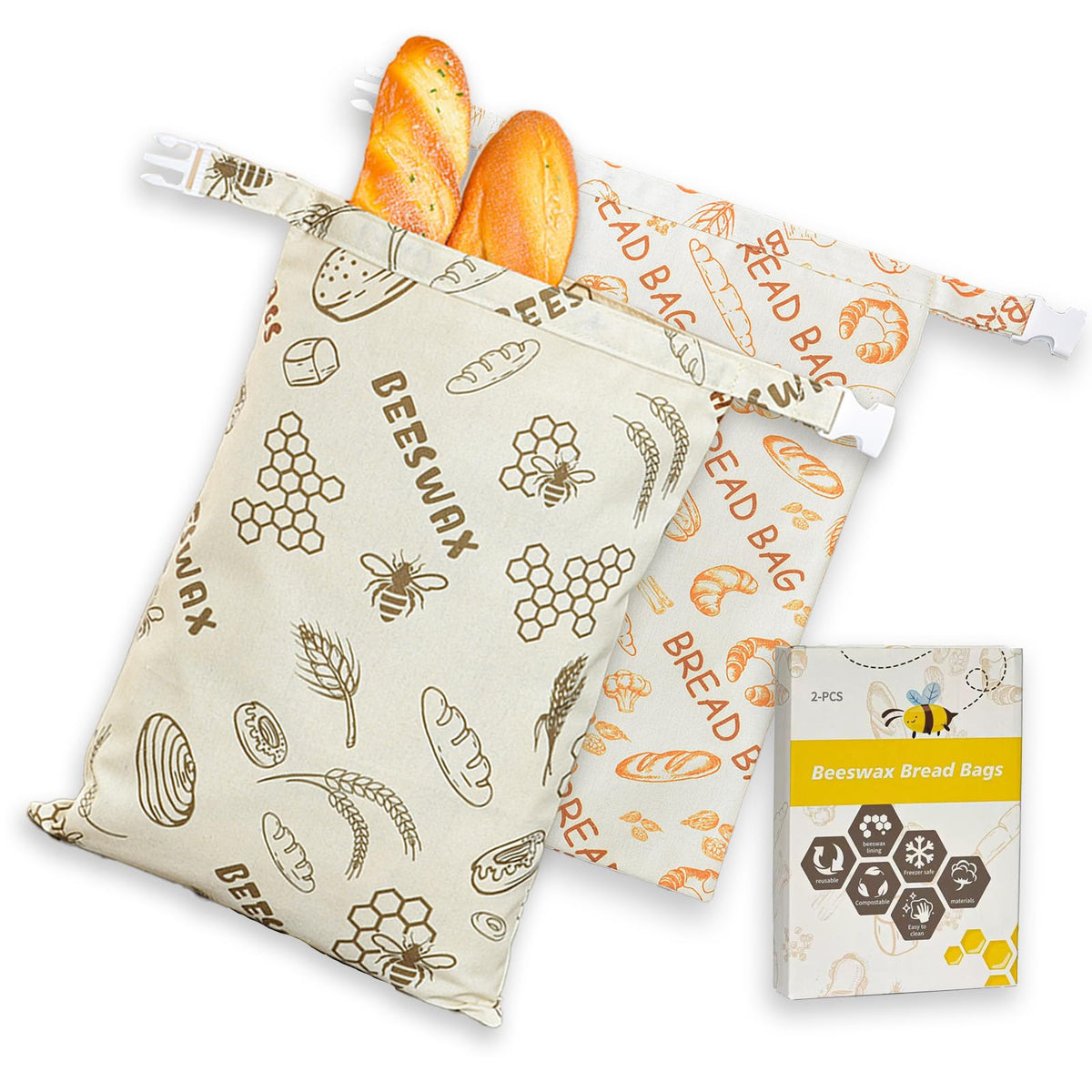2-PACK Beeswax Bread Bag - Reusable Food Wrapor Homemade Sourdough Loaf,to Keep Fresh Fridge-Safe Beeswax Perfect for Cheese, Fruits Washable & Sustainable Alternative to Plastic