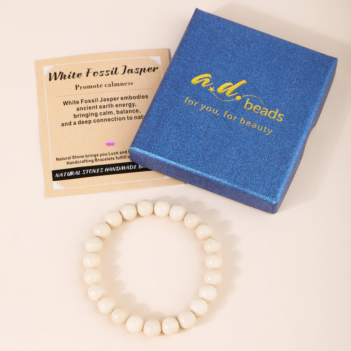 AD Beads 10mm Handmade White Fossil Jasper Elastic Bracelet – Natural Gemstone for Promote calmness – Meditation, Yoga, Healing and Energy Gift for Men Women