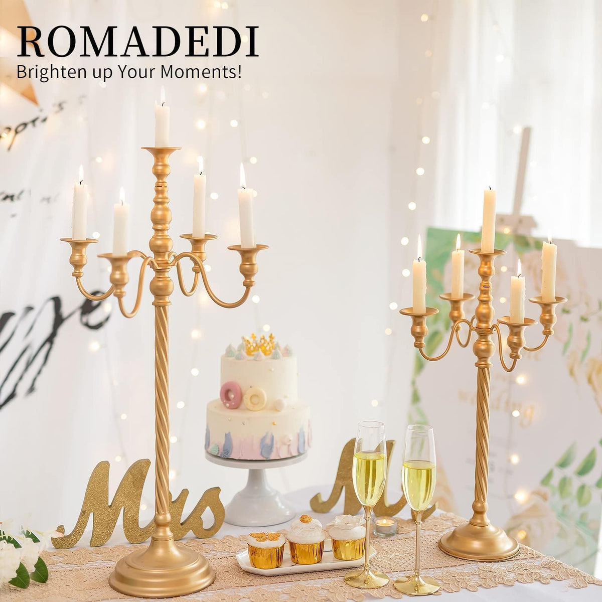 Romadedi Candelabra Gold Candle Stand: 28" Tall 5-Branch Candlestick Holder for Wedding Centerpiece Decor Christmas Holiday Event Reception Decoration,2Pcs