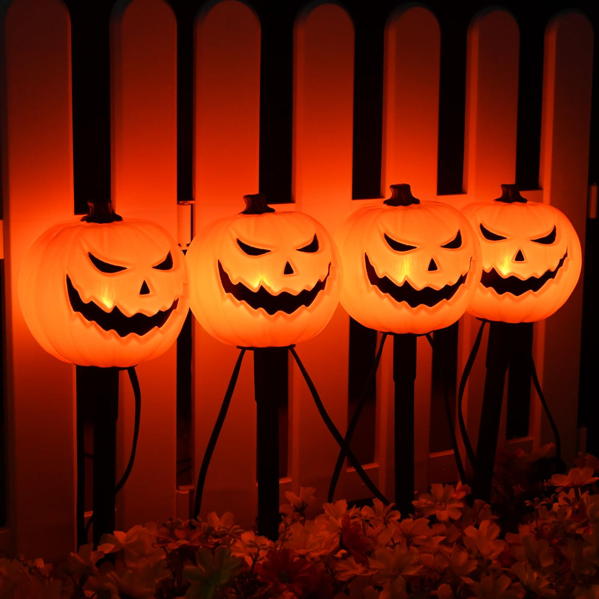 Halloween Decorations Outside - 7Ft LED Pumpkin Pathway Lights Plug in with 4 Pack LED Pumpkin Stake Lights Waterproof, for Halloween Outdoor Path Walkway Yard Lawn Landscape Decor, 0.6W