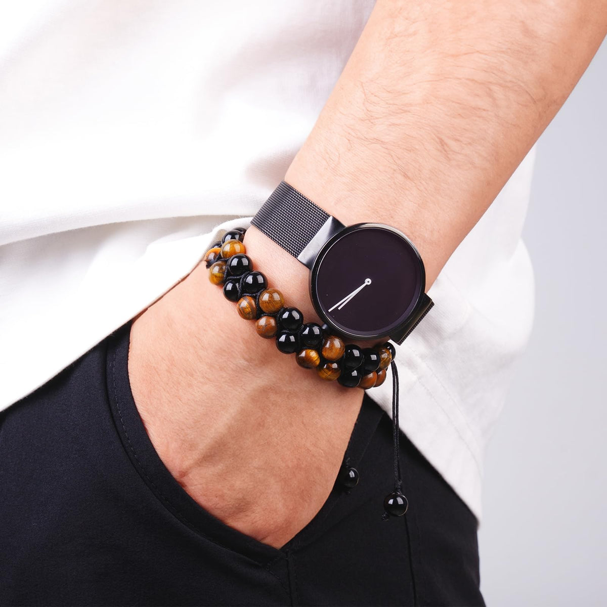 PAKUNDAS Handmade Double Protection Beaded Bracelet for Men Women 8mm Natural Tiger Eye Hematite Stone Adjustable Stretch Crystal Healing Jewelry