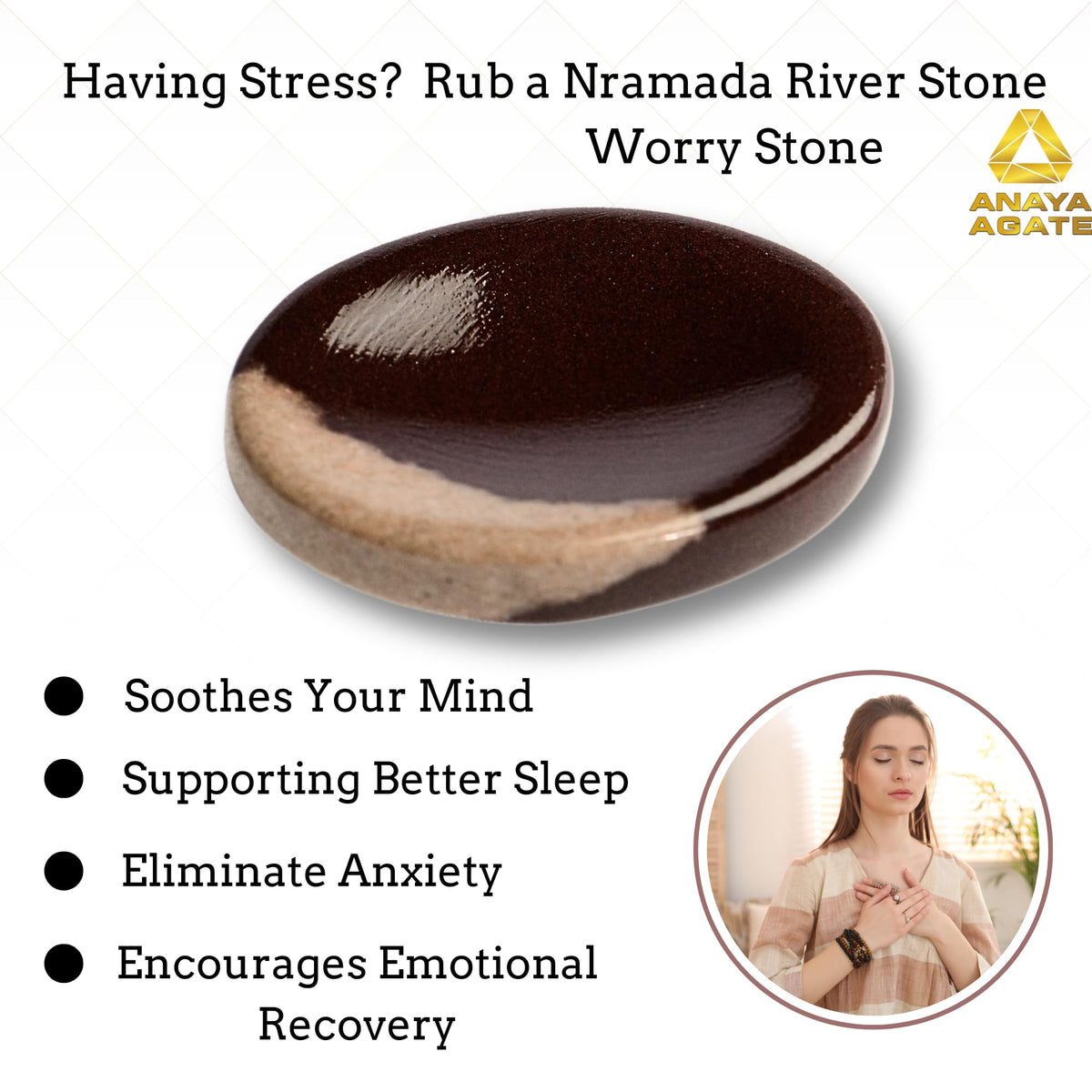 Anaya Agate Narmada Shiva Lingam Worry Stones Certified Crystal Thumb Worry Stone for Anguish Relaxing & Soothing Balance Stones for Meditation Stress Relief Crystals and Healing Stones for Men Women