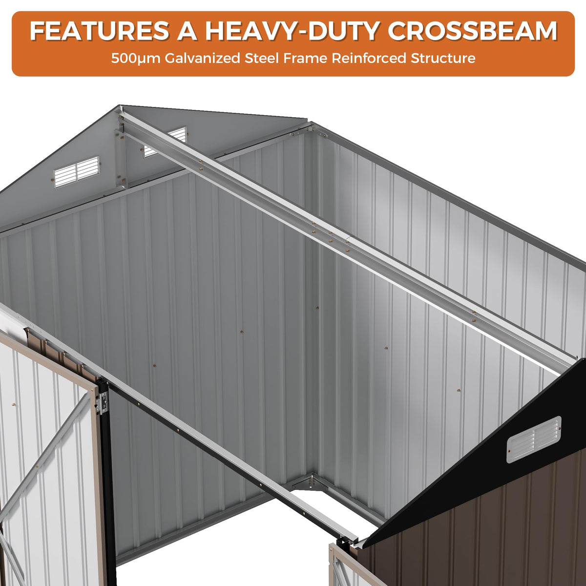 IRONCK 8x6FT Outdoor Storage Shed with Clear Window, Tool Shed with Breathable Vent and Lockable Doors, Metal Garden Storage for Poolside, Patio, Backyard, Brown