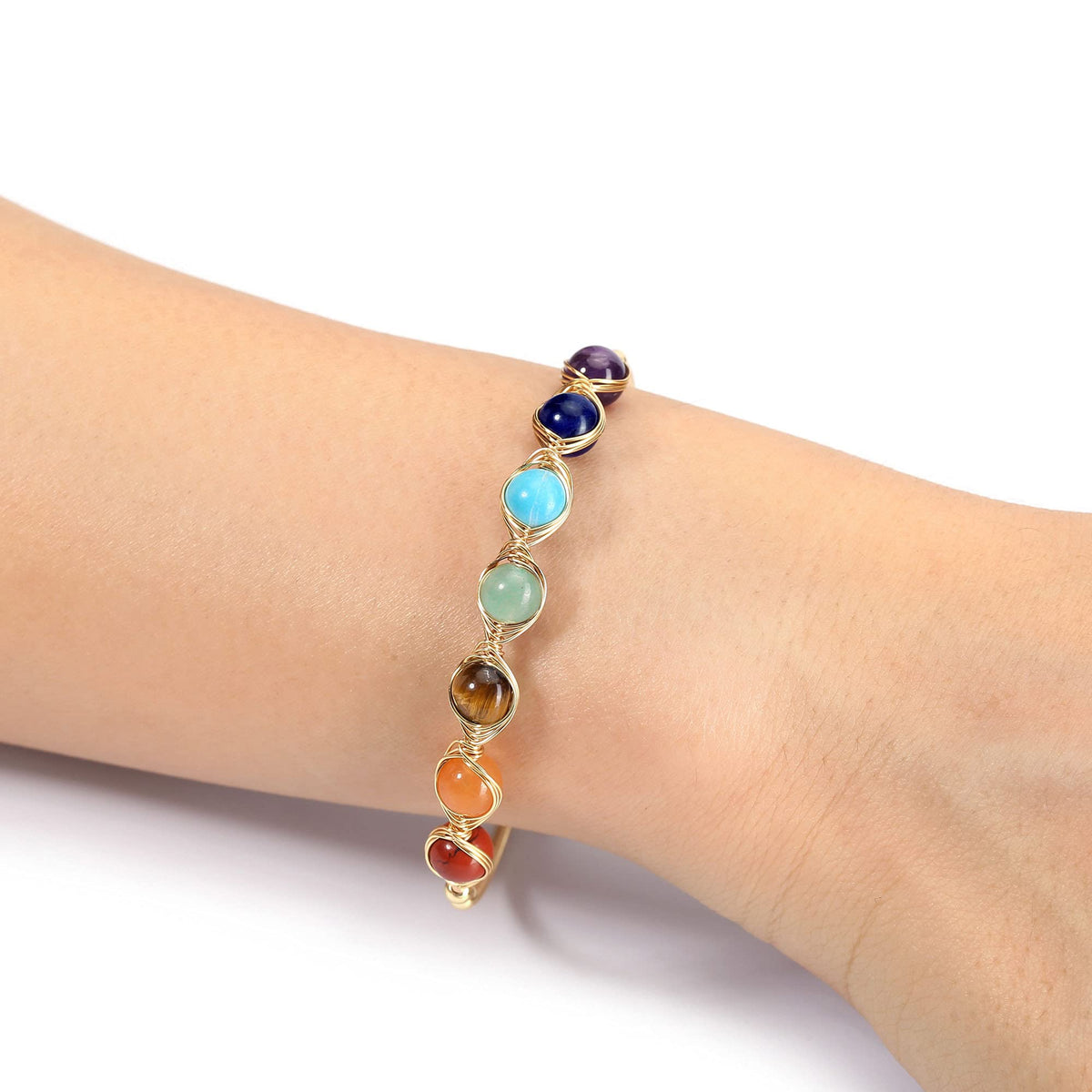 Top Plaza 7 Chakra Yoga Meditation Bracelet Healing Crystal Stone Bead Cuff Bracelets Adjustable 14K Gold Plated Bracelets for Women Ladies Birthday Gifts
