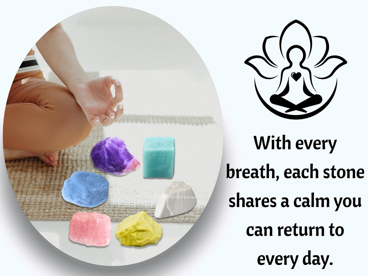 Amazing Gemstone Healing Crystals for Headaches and Migraine, Set of 6 Amethyst, Angelite, Amazonite, Rose Quartz, Scolecite and Serpentine Healing Crystals and Stones