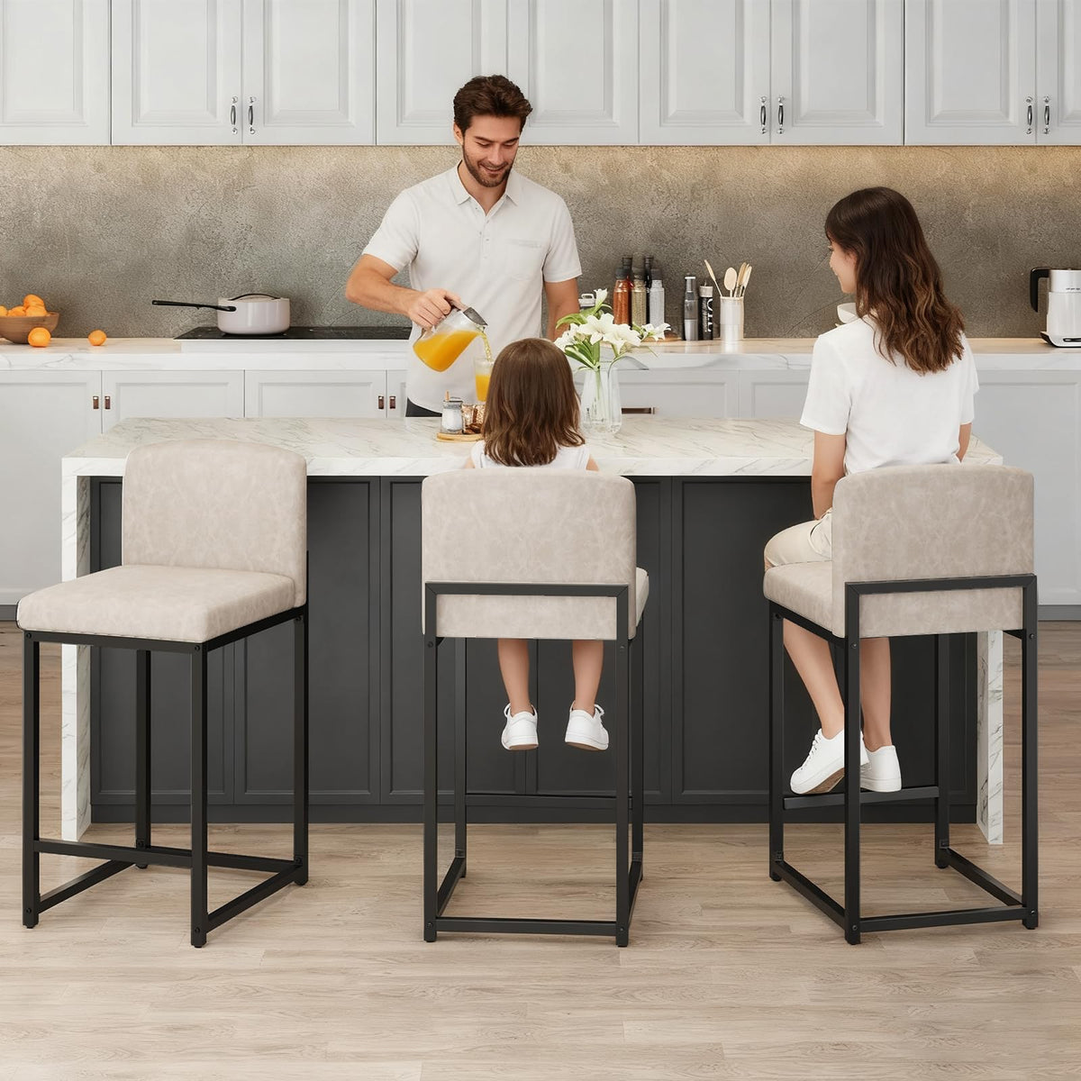 GarveeHome Bar Stools Set of 4, Modern Counter Height Bar Stools with Back and Footrest, Faux Leather Upholstered Barstools Chairs for Kitchen Island Dining Room Bar, Beige
