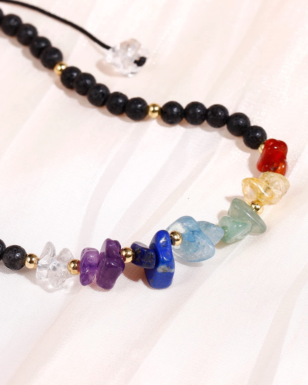 Jewever 7 Chakra Chip Tumbled Real Stone Beaded Anklet Bracelet for Women Power Energy Healing Crsyatls and Gemstones Beach Foot Adjustable (Lava Stone)
