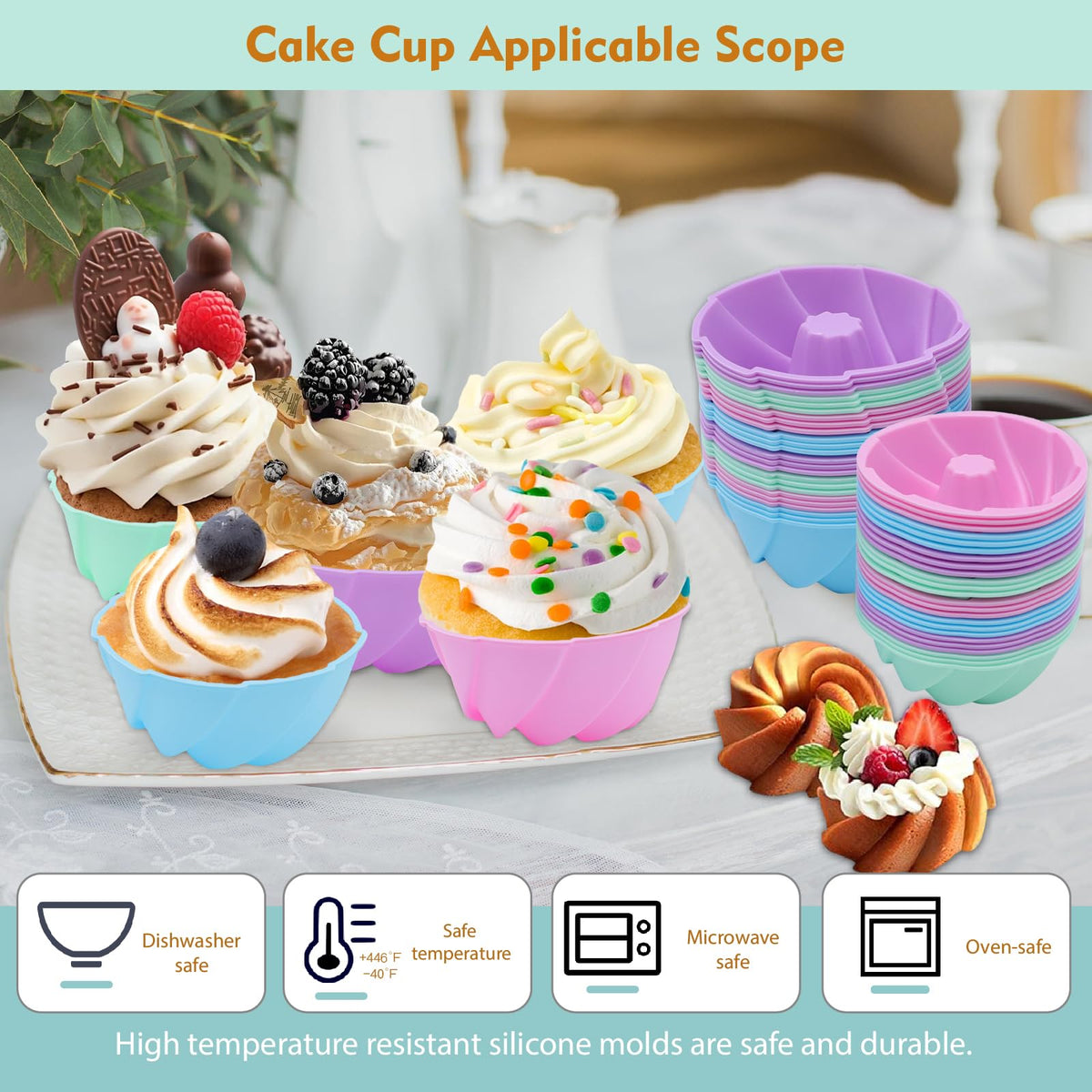 Tongjude 48 Pieces Donut Mold, 2.75" Diameter 0.98" Deep Mini Reusable Baking Cups, Non-Stick, 4 Shape Silicone Molds, Heat Resistant Bakeware for Bagel, Muffin, Jello and Cake Baking