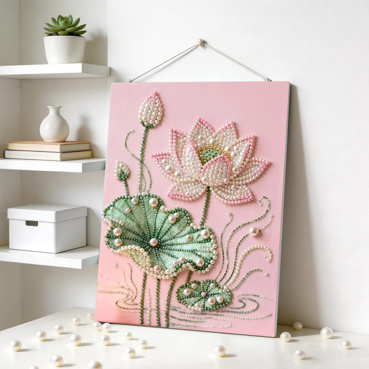 LCOZX 12x16 Inch Lotus Flower Pearl Diamond Painting Kits for Adults, 5D Diamond Art for Kids Beginners, DIY Special Shape Pearl Gem Crafts for Home Wall Decor, No Frame Included