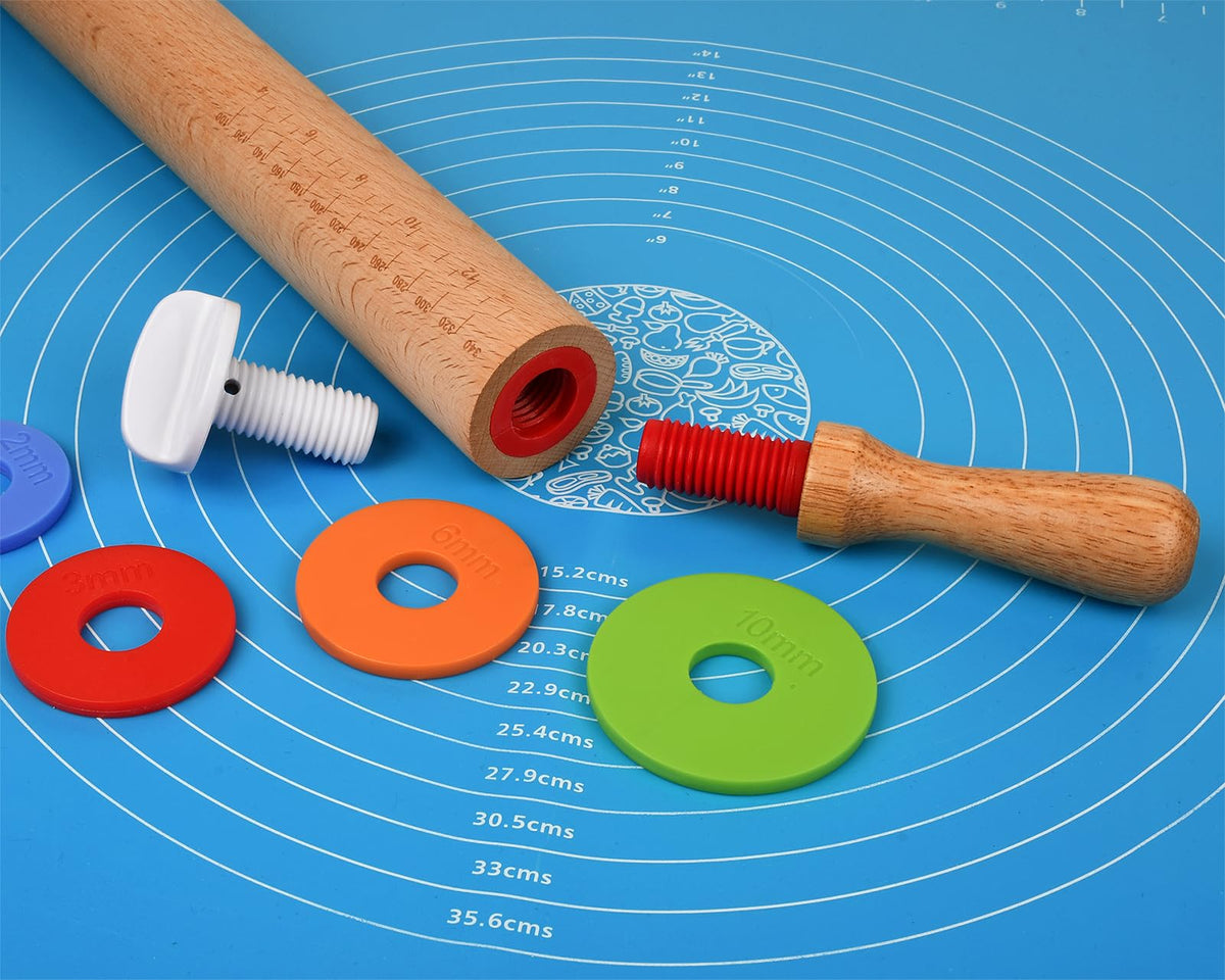 Victhur Rolling Pin with 4 Adjustable Thickness Rings and Long Handle 13.6 Inch Wooden Dough Roller for Baking, Dough, Cookie, Cake, Fondant, Pizza and Pie Crust