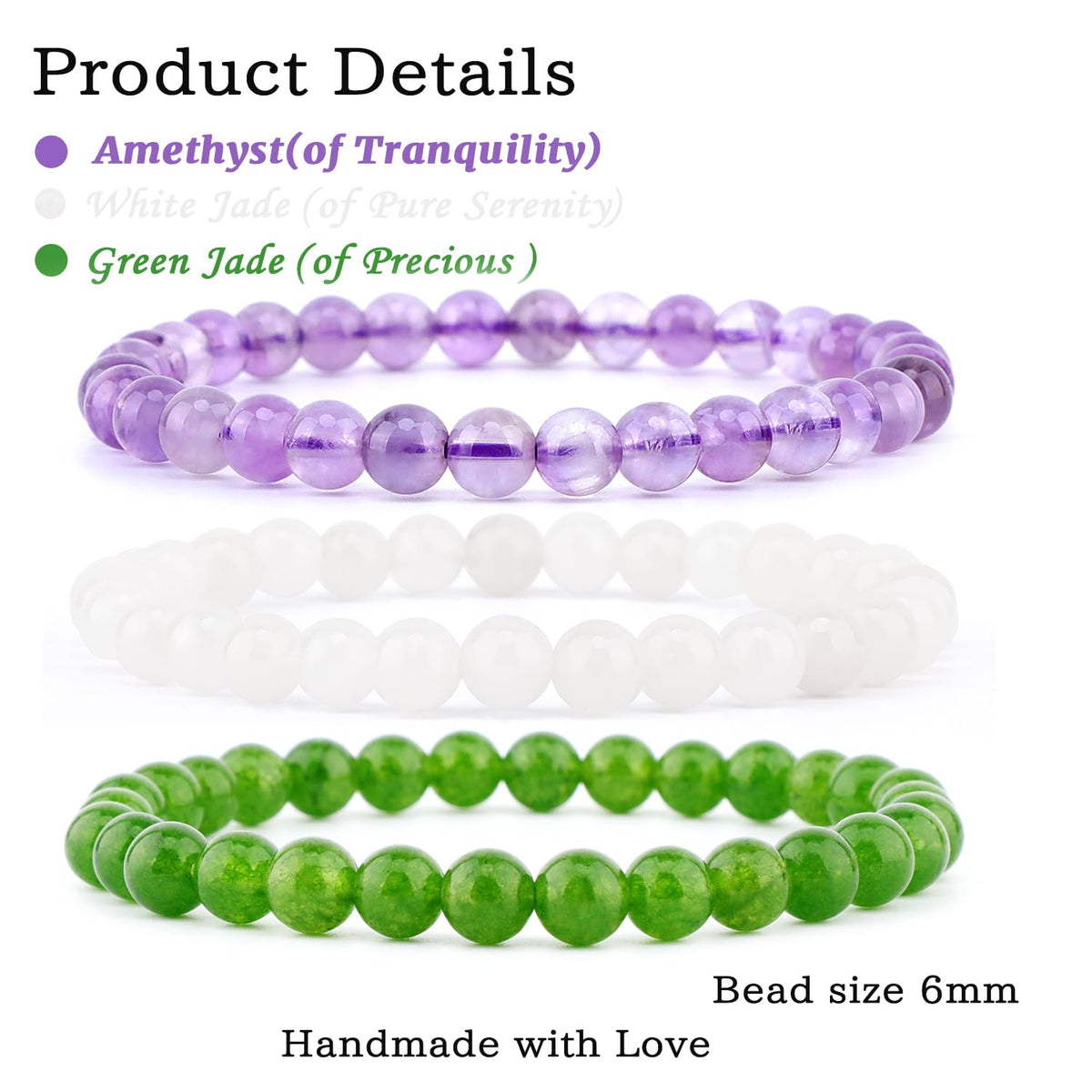 NCB 3-Piece 6mm Natural Crystal Gemstone Stretch Bracelets – ﻿Amethyst, Green Jade, White Jade Handmade Reiki Energy Healing Jewelry for Meditation,Yoga, Unisex