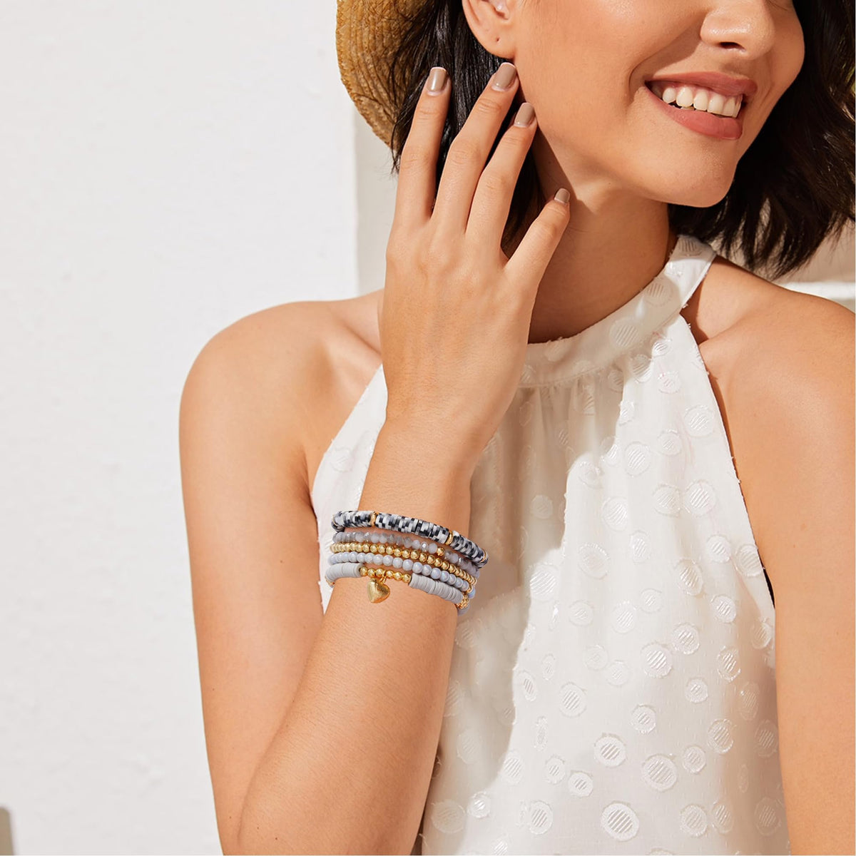 RISHEGAE Heishi Beaded Stretch Bracelets for Women Stackable Gold Polymer Clay Beads Bracelet Friendship Boho Summer Beach Bracelets Jewelry Set (E-Gray Heart)