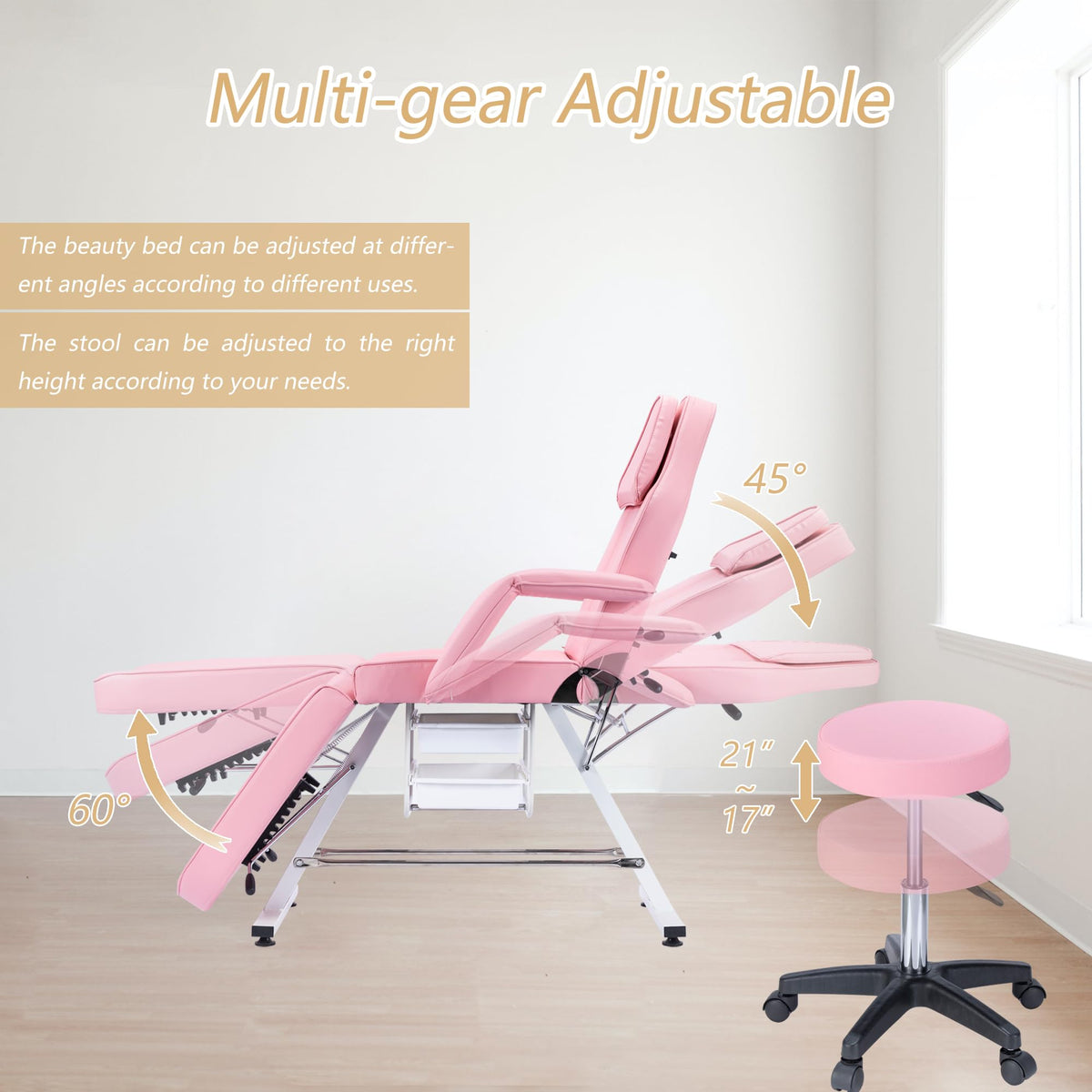 Massage Salon Tattoo Chair with Two Trays Esthetician Bed with Hydraulic Stool,Multi Purpose 3 Section Facial Bed Table, Adjustable Beauty Barber Spa Beauty Equipment, Pink