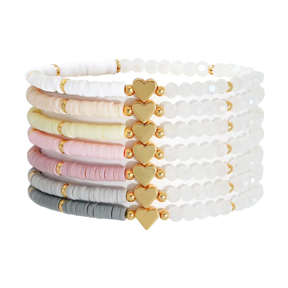 RISHEGAE Heishi Beaded Stretch Bracelets for Women Stackable Gold Polymer Clay Beads Bracelets Friendship Boho Summer Beach Bracelet Jewelry Set (C-Small gray clay 7pcs)