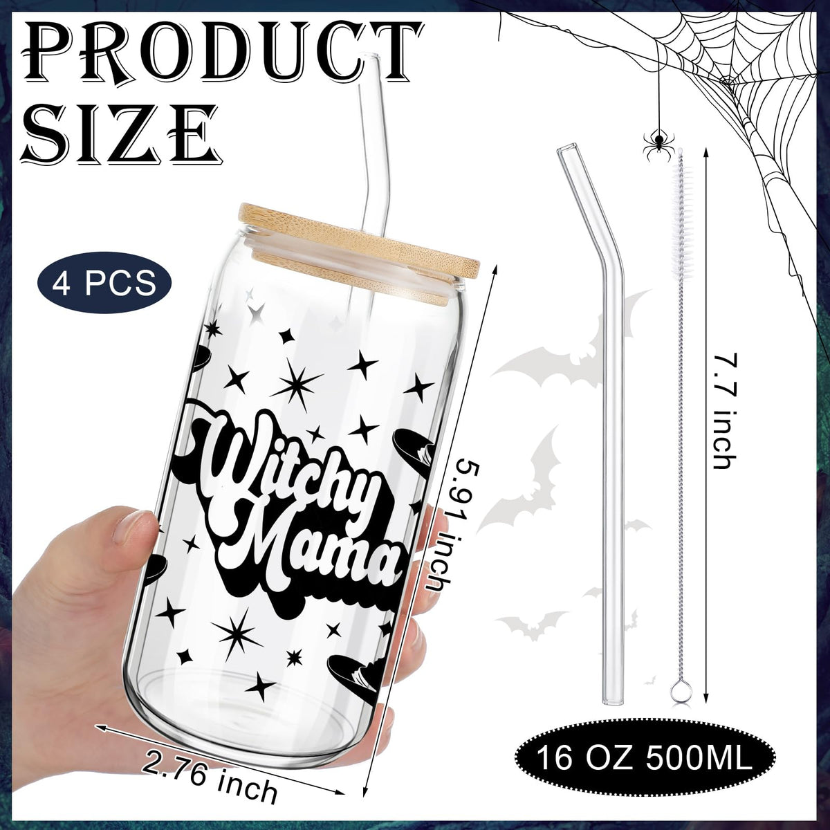 SiliFine 4 Pcs Halloween Glass Cups with Lid and Straw 16 oz Drinking Glasses Halloween Iced Coffee Cups Can Shape Ghost Spiderweb Skeleton Mug Tumbler for Women Men Birthday Party Favor Gift