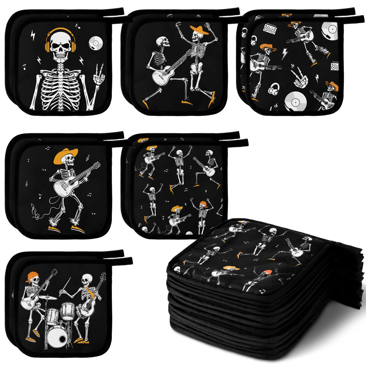Bencailor 12 Pcs Pot Holders with Pocket Kitchen Hot Potholders Hot Pad Oven Mitts Cookie Bag Oven Gloves for Kitchen Gift Baking Cooking(Dark Black,Skull)
