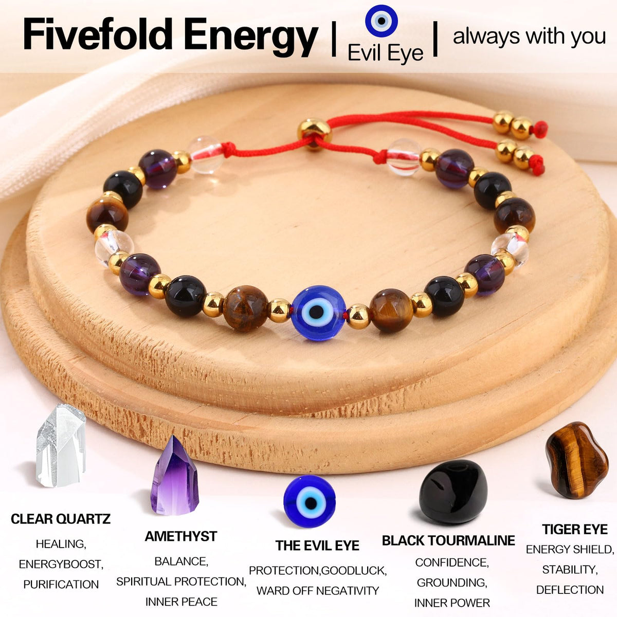 Cute Evil Eye Bracelet Red Black - Natural Crystal Protection Adjustable Spiritual Guardian Jewelry- 5 Healing Stones Clear Quartz Amethyst Black Tourmaline Tiger Eye Bracelet Adjustable (Blue Eye-Red Rope)