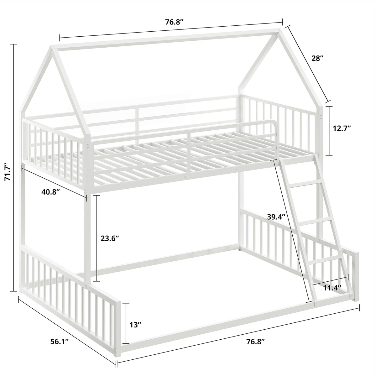 LIKIMIO Bunk Bed Twin Over Full Size, House Bunk Bed Frame with Ladder and Guardrail, House Shaped with Metal Slats Support No Box Spring Needed Space Saving for Bedroom and Dorm, White