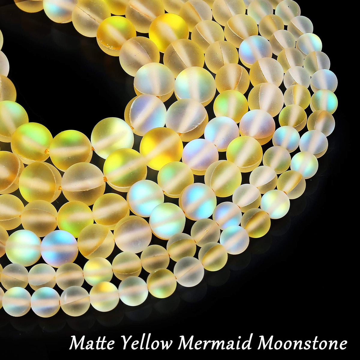 Matte Yellow Aurora Crystal Glass Beads, 8MM Frosted Glitter Shining Mermaid Round Loose Beads, Rainbow Holographic Synthetic Moonstone for Jewelry Making DIY Bracelet
