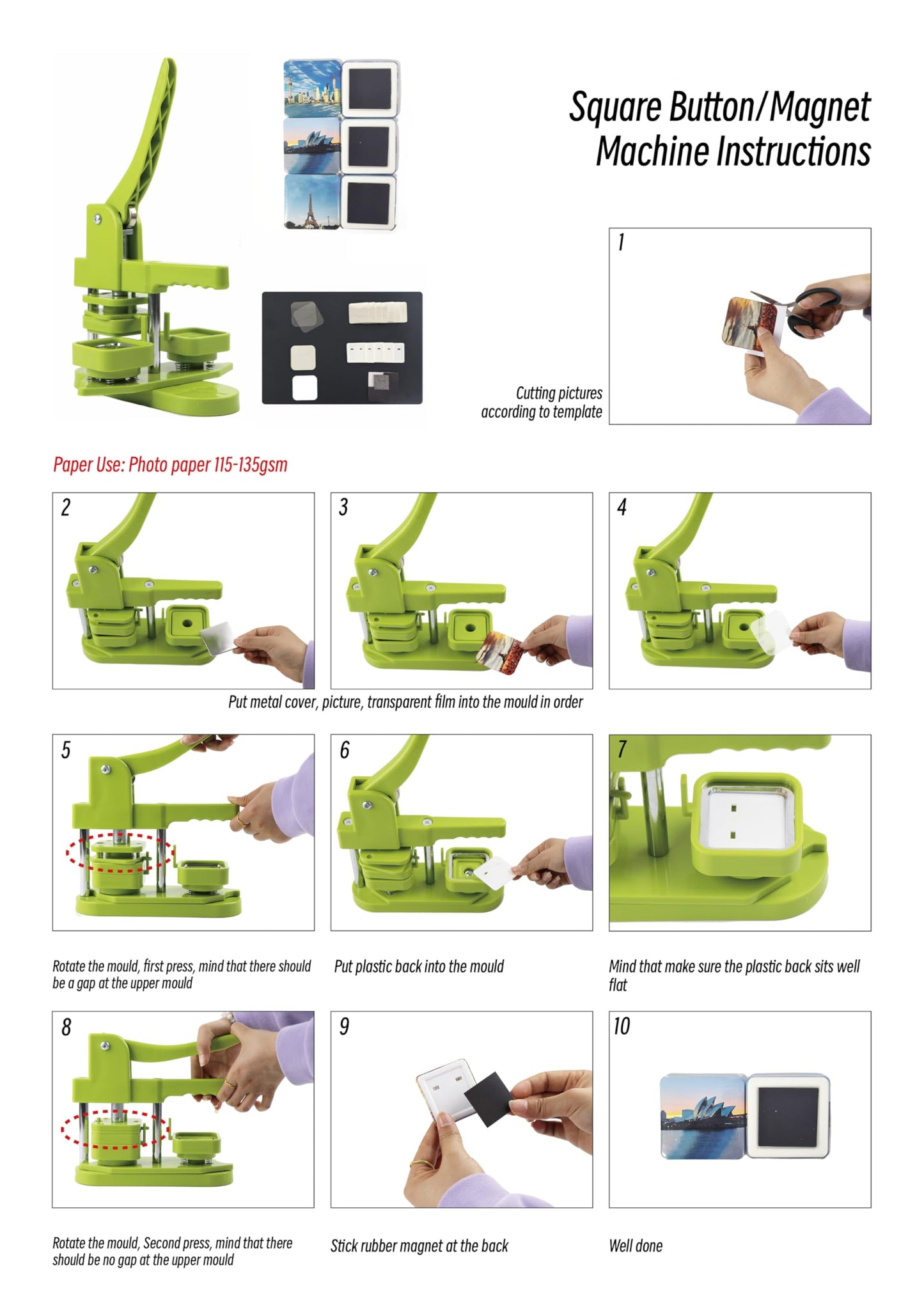 DCBADGE Square-Shaped Button Maker Machine,50mm/1.97 inch Square Fridge Magnet Maker Kit with 100 Sets of Refrigerator Magnet Supplies