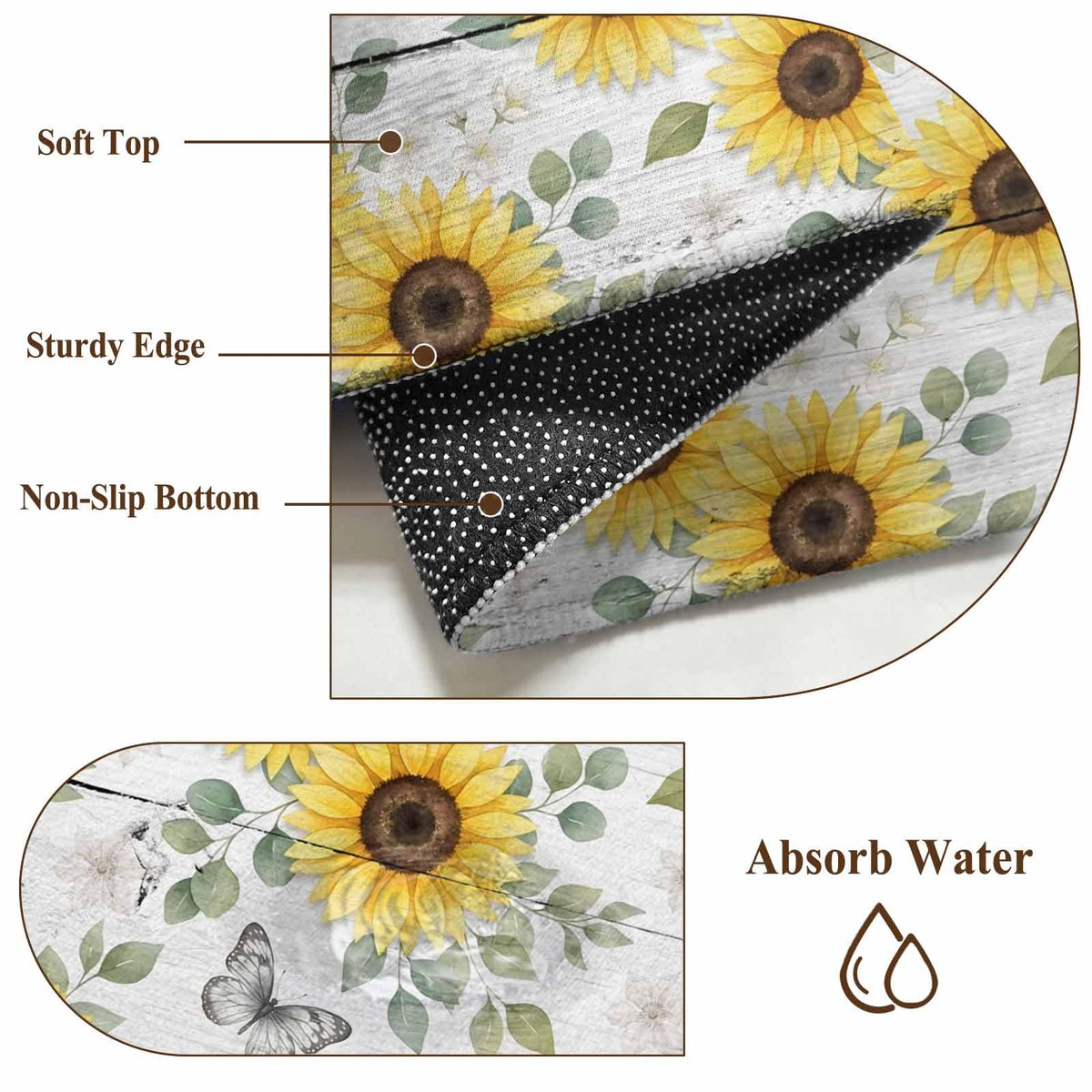 Area Rugs 8x10 for Living Room, Yellow Sunflowers Non Slip Washable Rug Runner, Summer Botanical Butterfly Leaves Wooden Low Pile Indoor Floor Carpet Mat Bathroom Rugs for Bedroom, Kids Room