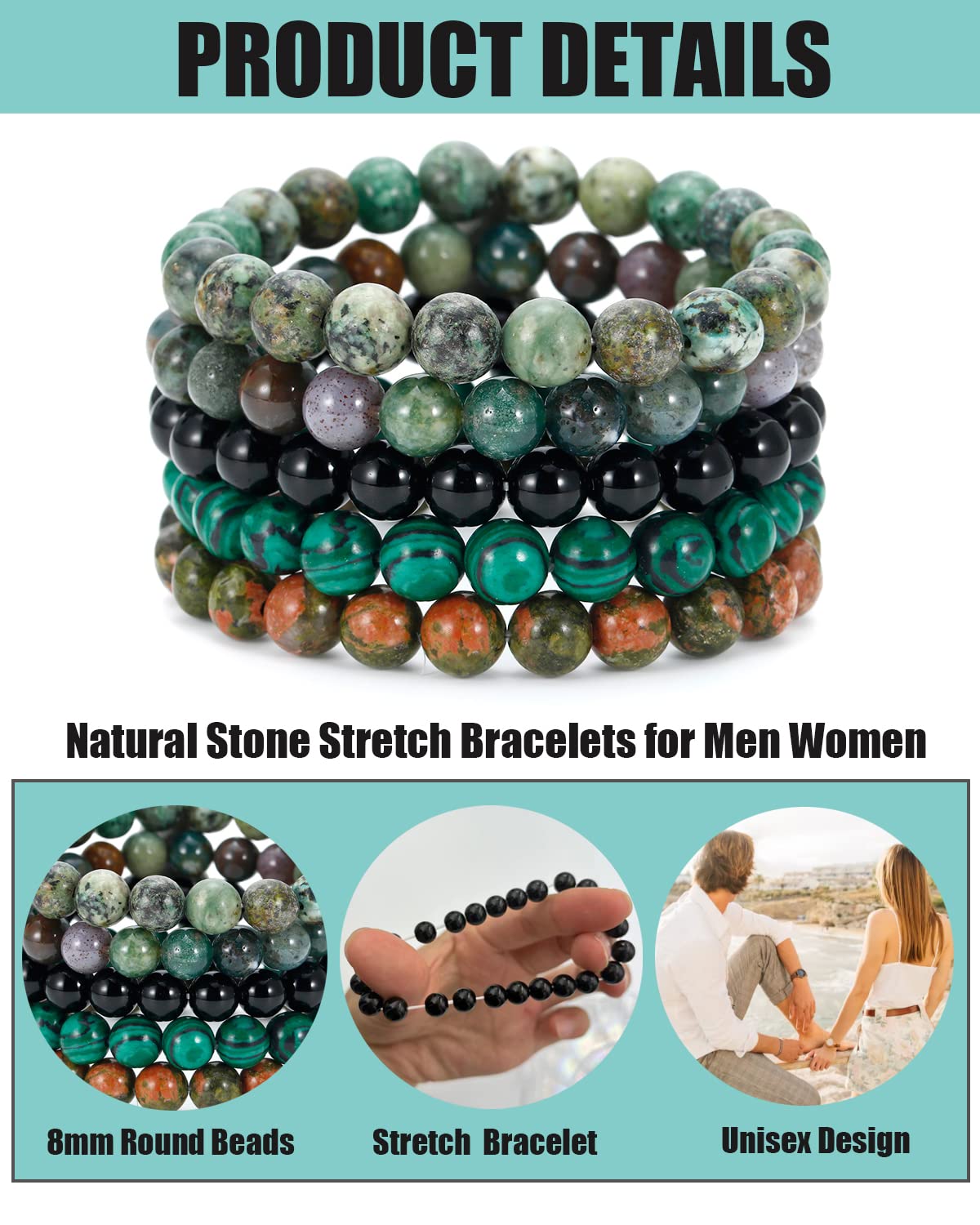 BOMAIL 5PCS Semi-Precious Gemstone Bracelet - Healing Crystal Stone Beaded Bracelets for Women Men 8mm Round Beaded Stretch Bracelets Unisex Yoga Bracelets