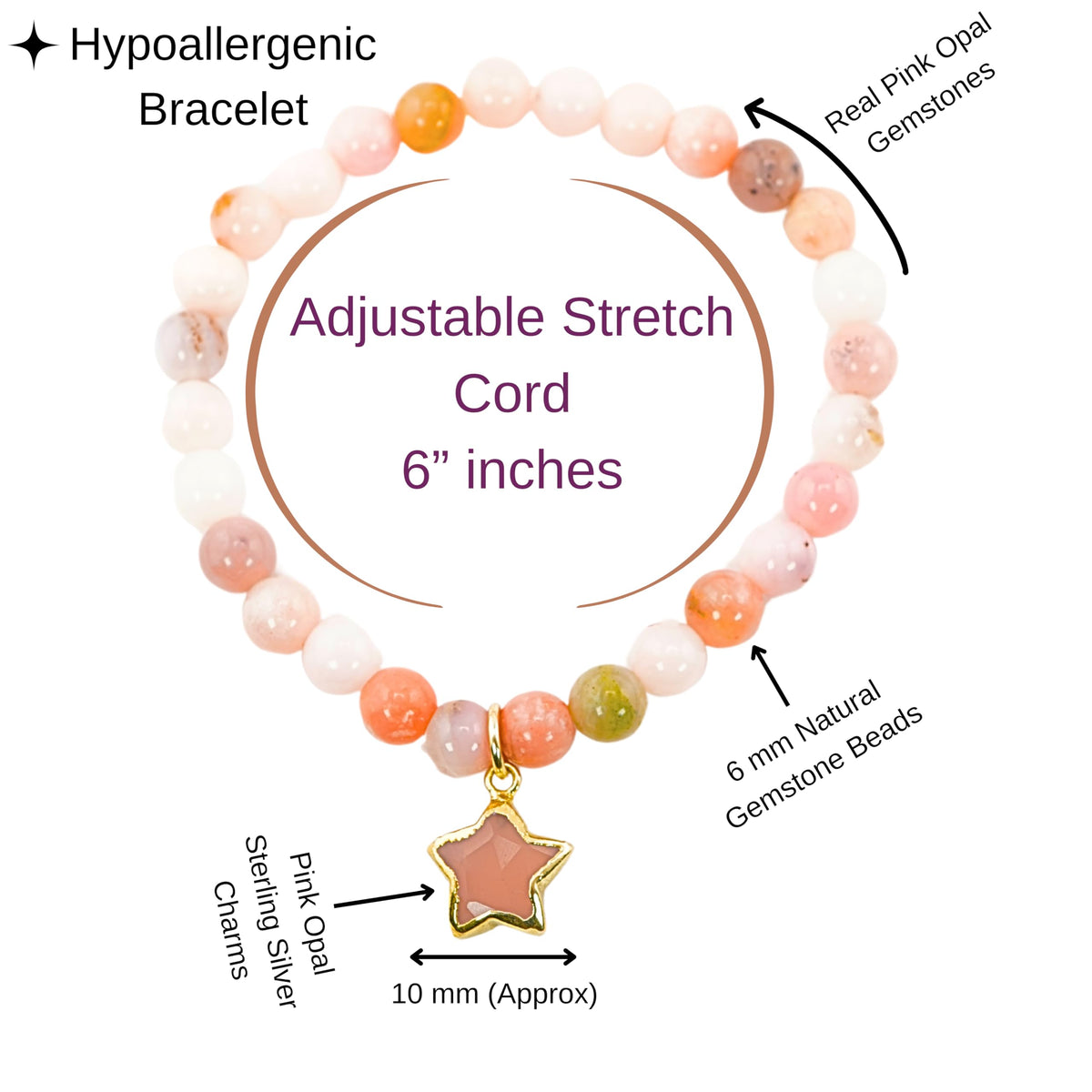 Multi-Stone Pink Opal Bracelet Party Favor for Girls, Toddler Bracelet with Certified 925 Sterling Silver 18K Gold Vermeil Pink Opal Crystal Star Charm