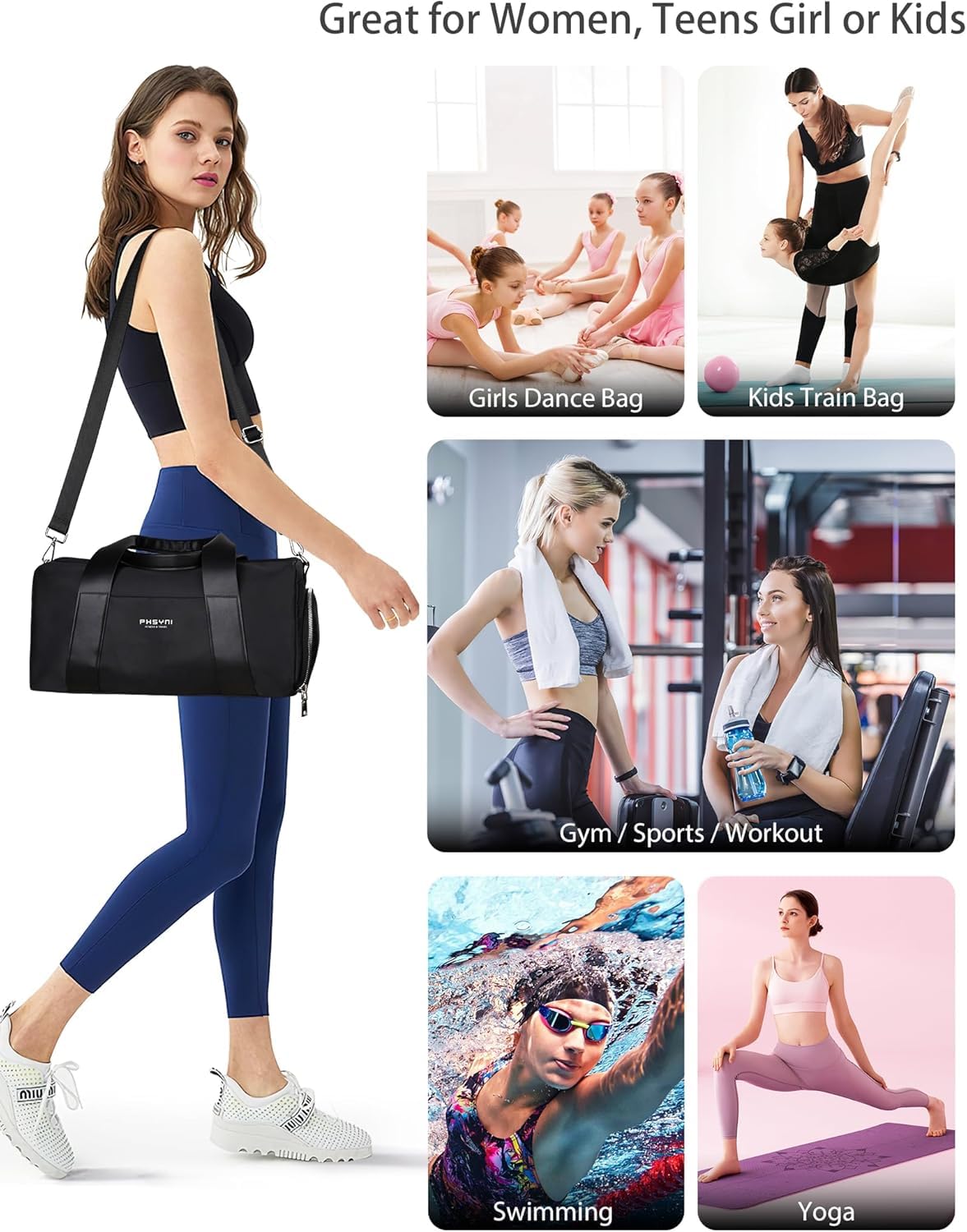 Sports Small Gym Bag for Women & Girls and Kids, Cute Mini Duffle Bag with Wet Pocket & Shoes Compartment, Personal Item Travel Workout Bag, 16"-Small, Black
